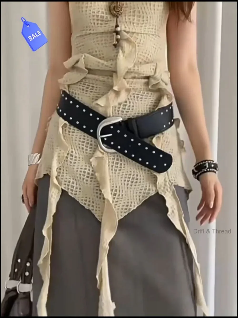 Chunky Wide Buckle Belt with Silver Rivets for Dresses Pants Y2K Cowgirl Punk